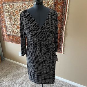 Classic black and white chain link pattern faux wrap dress